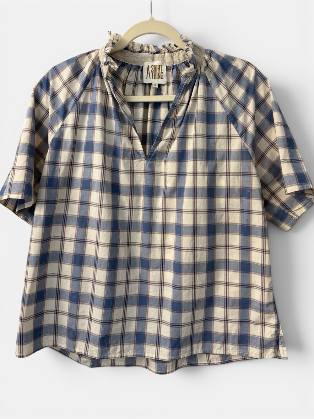 A Shirt Thing Stella Ruffled Neck Short Sleeve Plaid Top 100% Cotton USA Made M